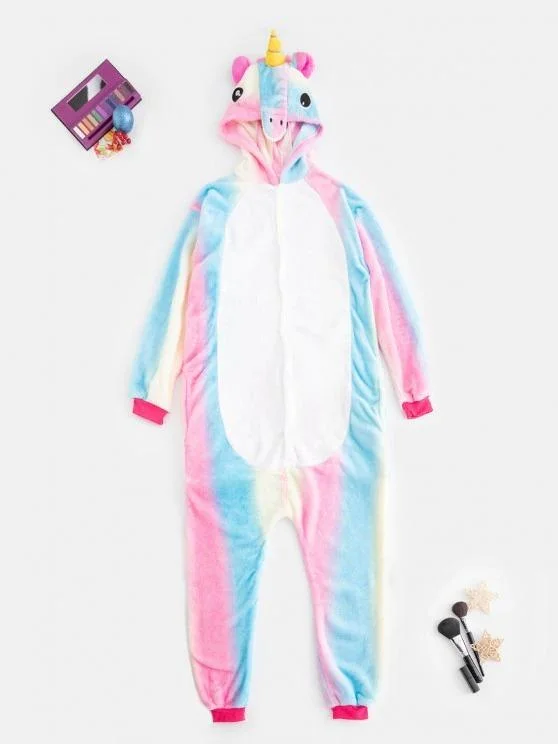 Plush Button Through Pocket Rainbow Unicorn Costume Pajama Onesie for Women