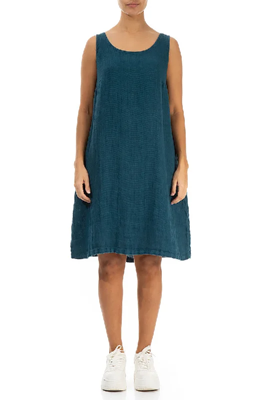 Sleeveless Dark Teal Textured Linen Dress