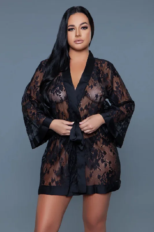 Delia Floral Lace Robe with Satin Trimming