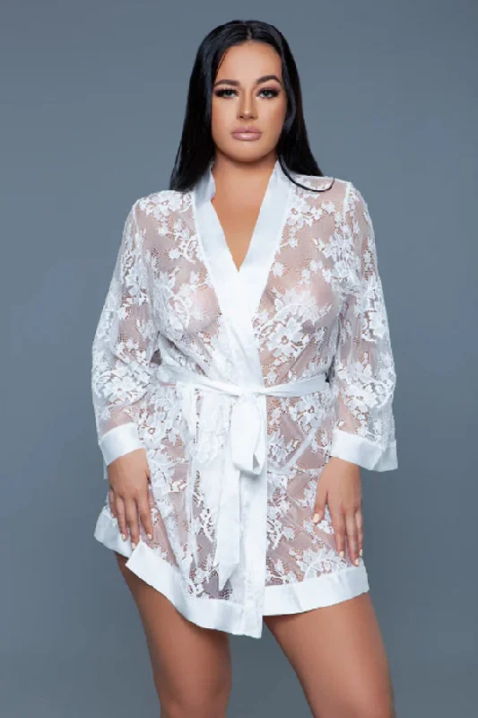 Delia Floral Lace Robe with Satin Trimming