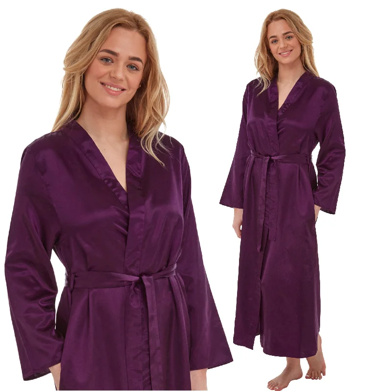 Long Full Length Sexy Satin Wrap Bathrobe Plain Purple