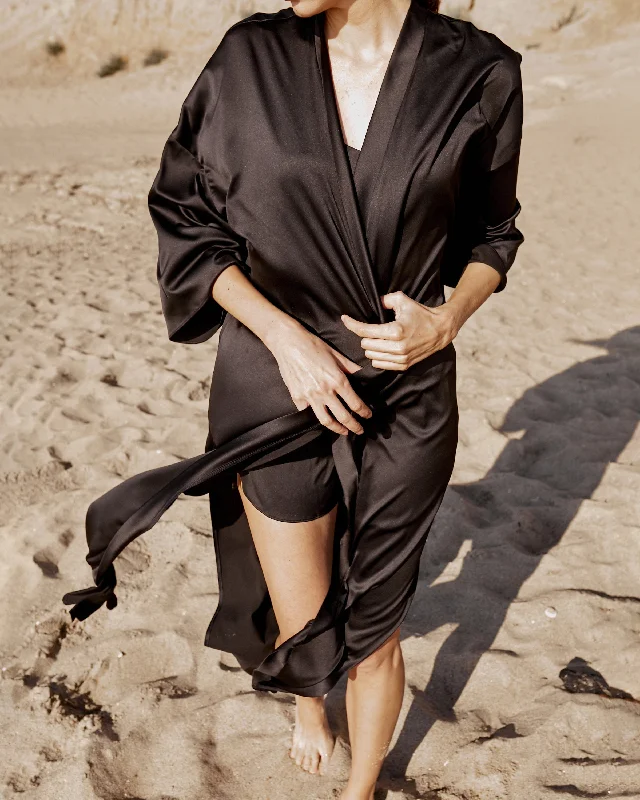 Black long silk Kimono robe with side slits.