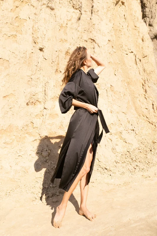 Black long silk Kimono robe with side slits.